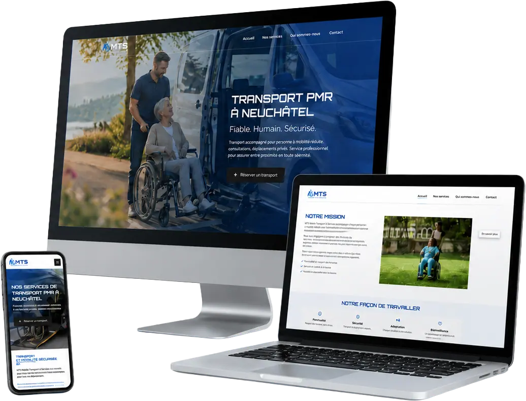 Site MTS Mobility présenté sur un écran de bureau, un ordinateur portable et un téléphone.