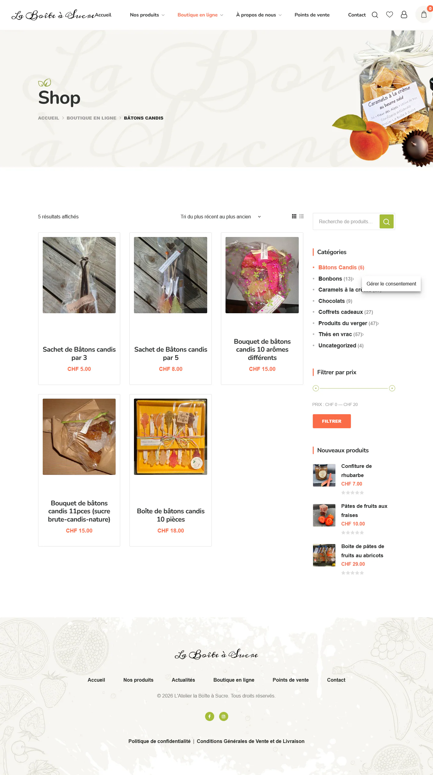 Catalogue de bâtons candis dans la boutique de L’Atelier La Boîte à Sucre.