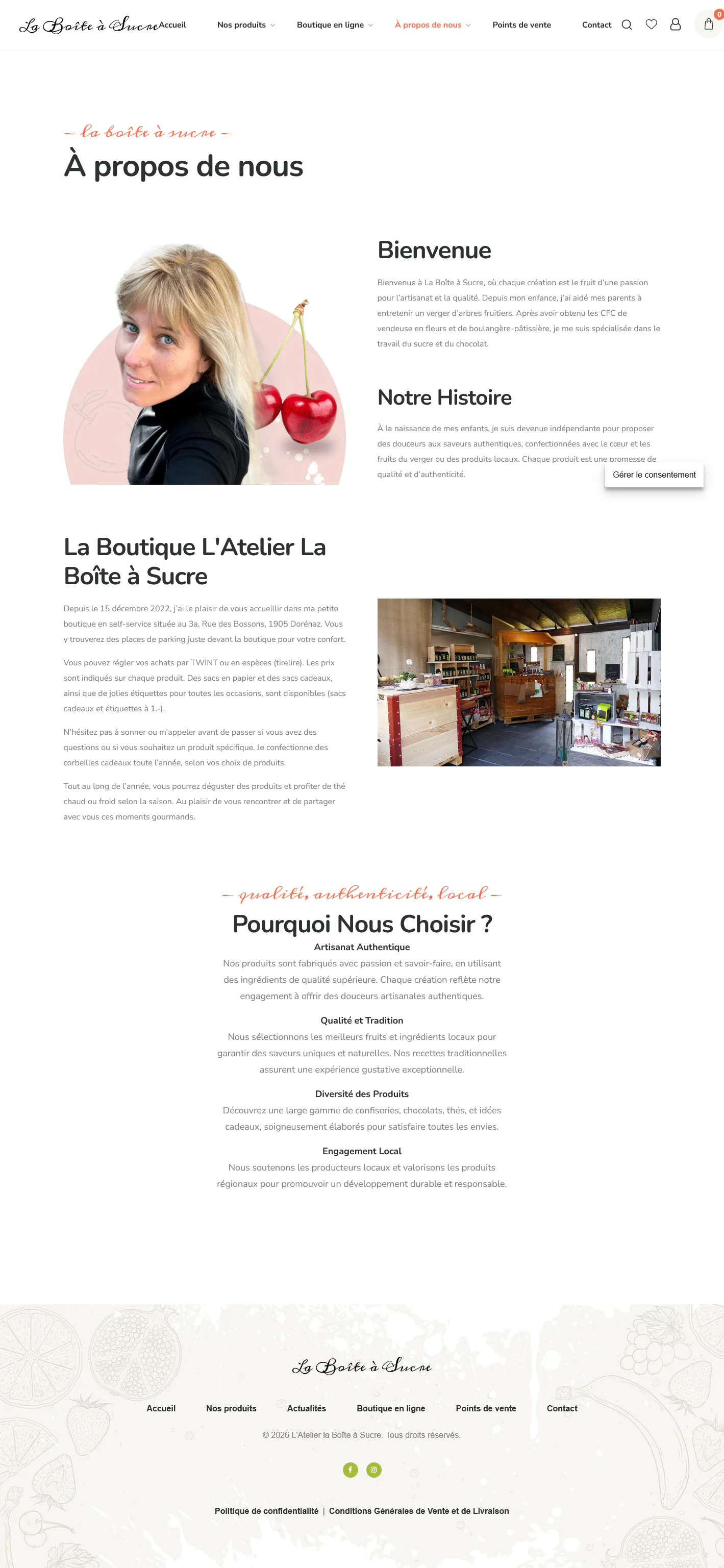 Présentation de la créatrice et de l’histoire de L’Atelier La Boîte à Sucre.