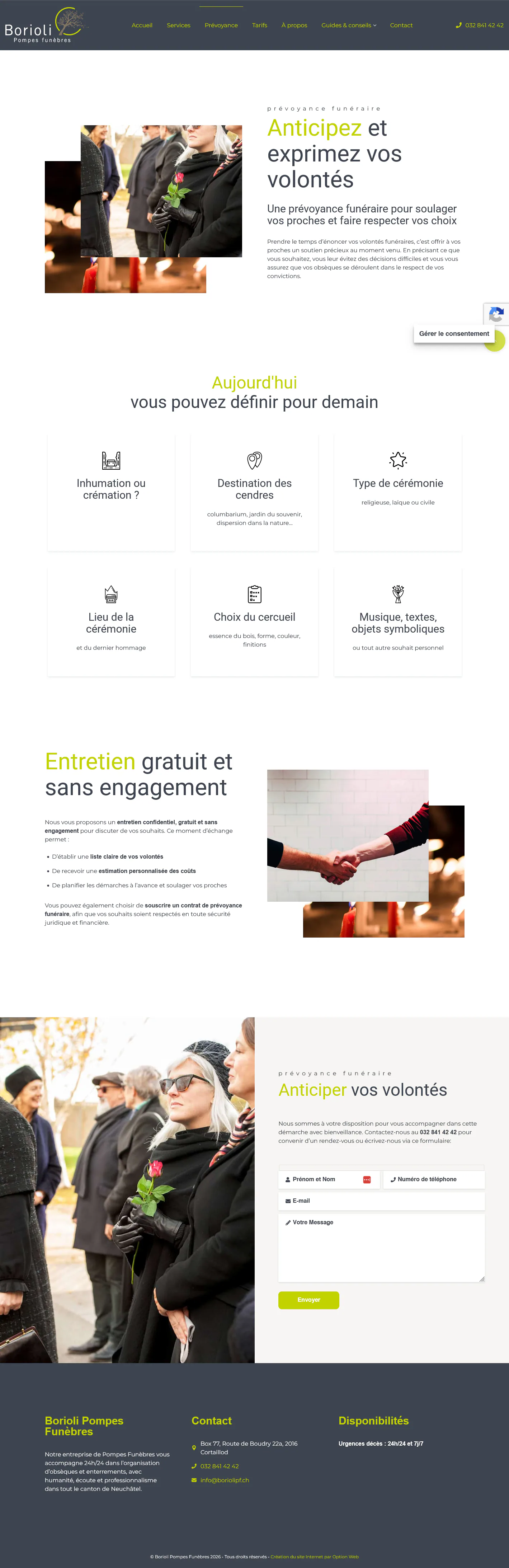 Page consacrée à la prévoyance funéraire sur le site de Borioli.