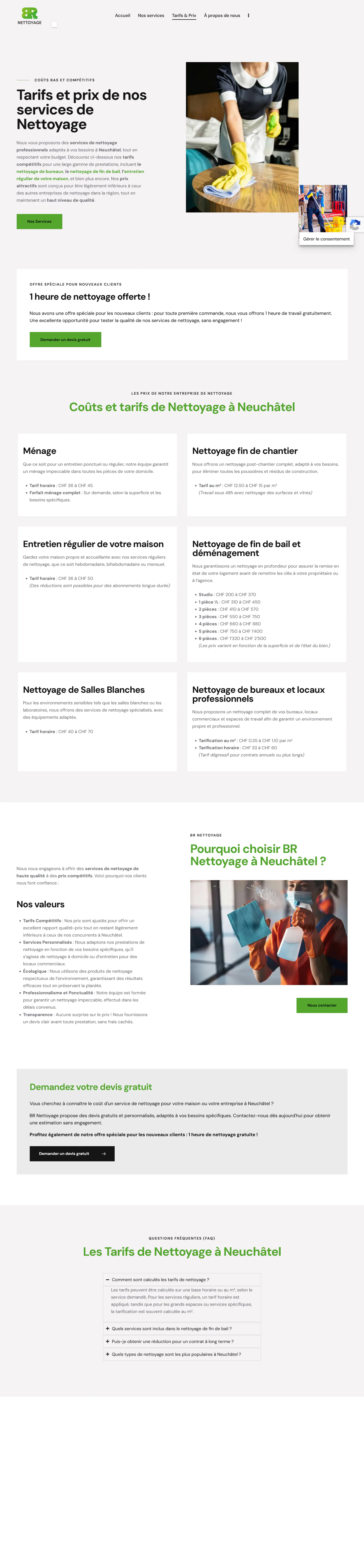 Page des tarifs et prix des prestations de BR Nettoyage.