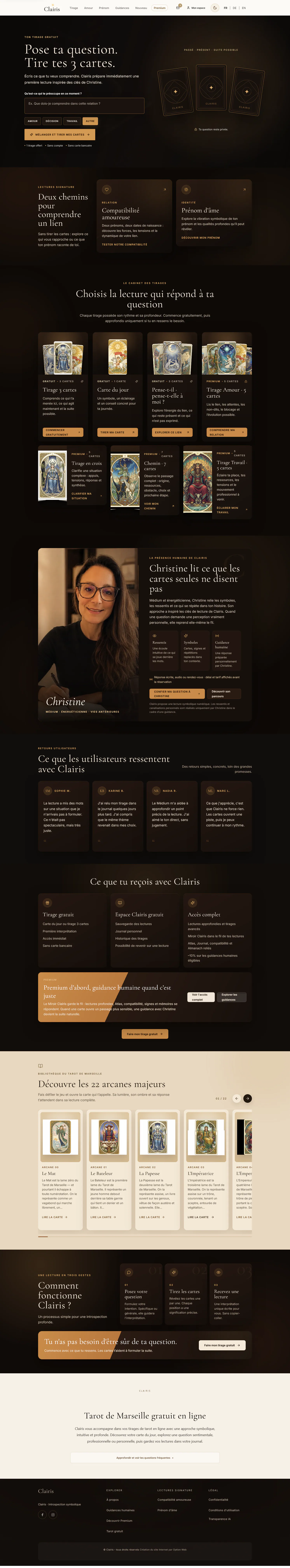 Interface Clairis : saisie d’une question et tirage de trois cartes.