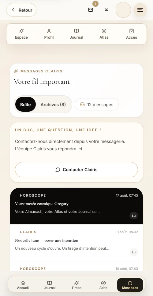 Version mobile de l’espace personnel Clairis avec la boîte de réception des messages.