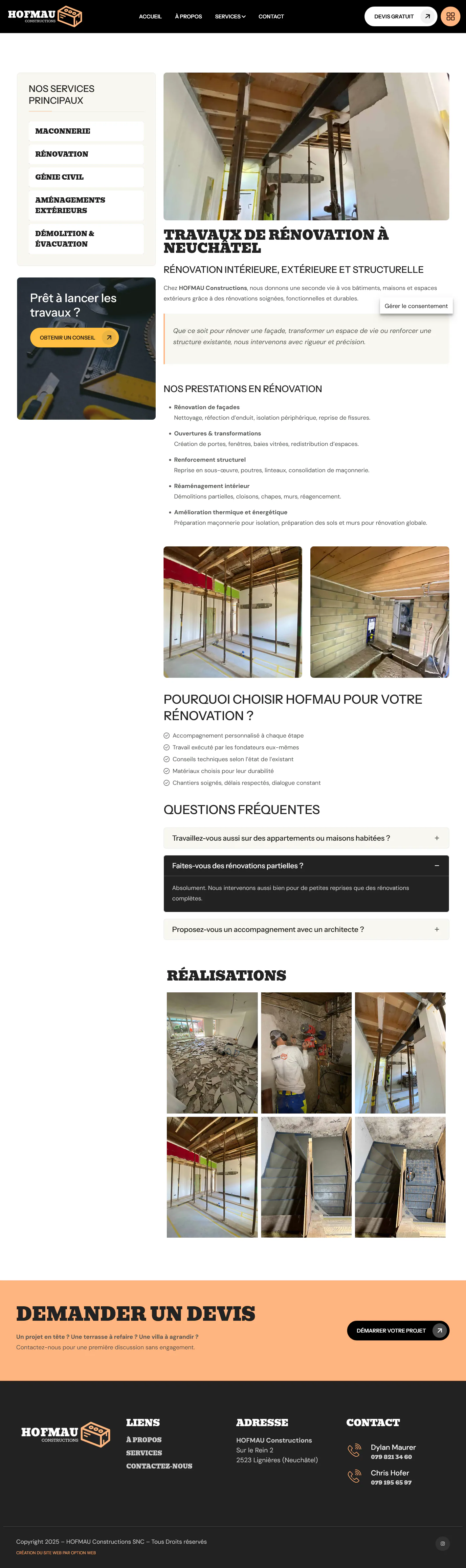 Page des travaux de rénovation de Hofmau Constructions avec un chantier intérieur.