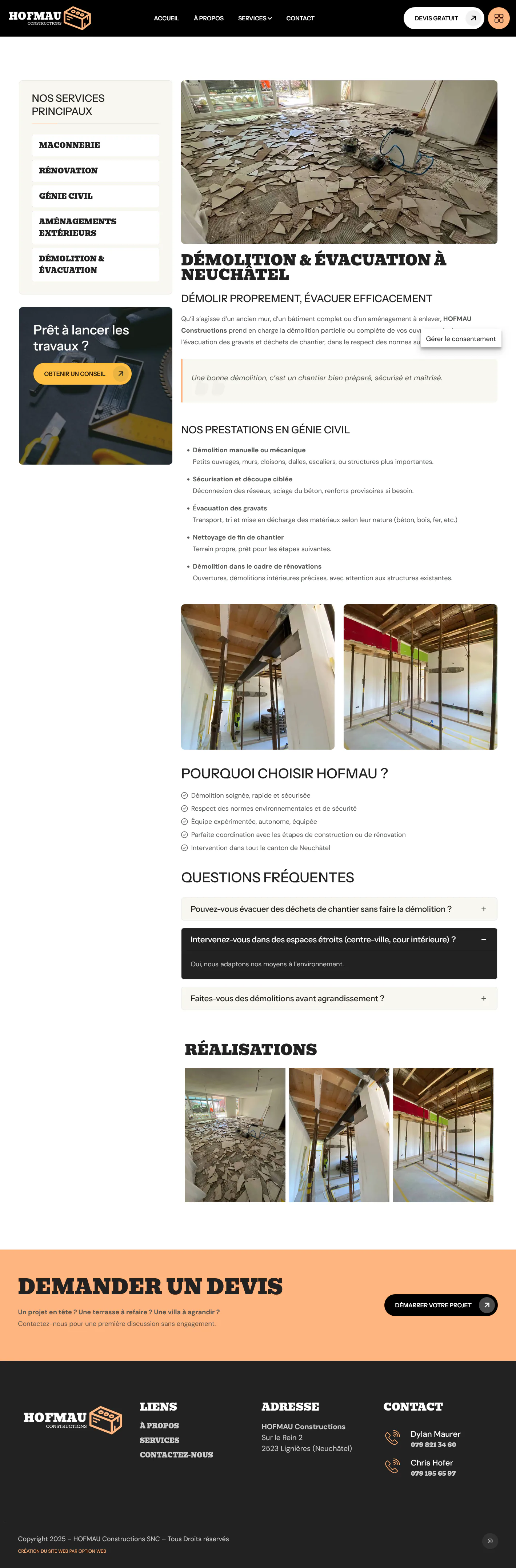 Page démolition et évacuation de Hofmau Constructions.