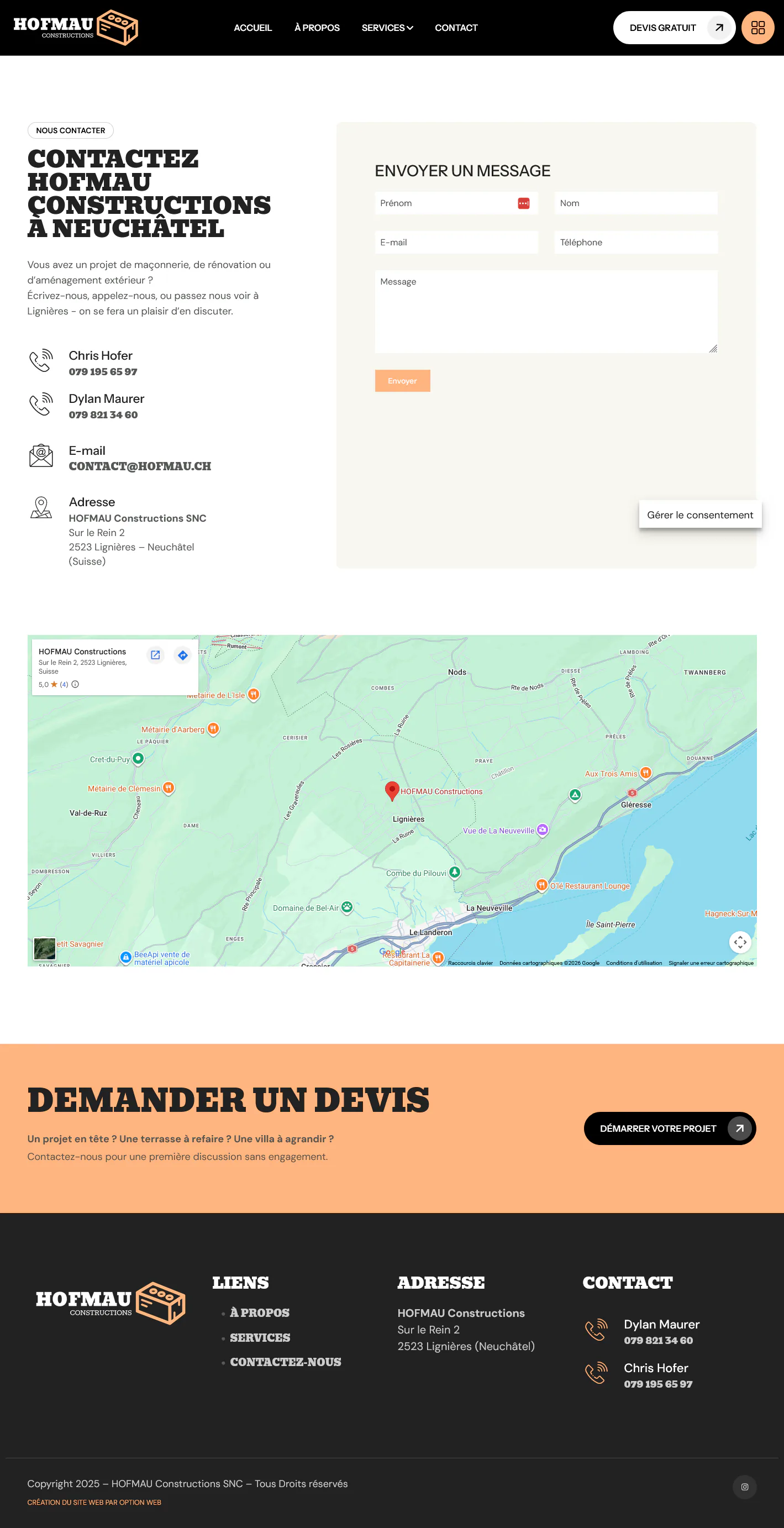 Coordonnées et formulaire de contact de Hofmau Constructions.