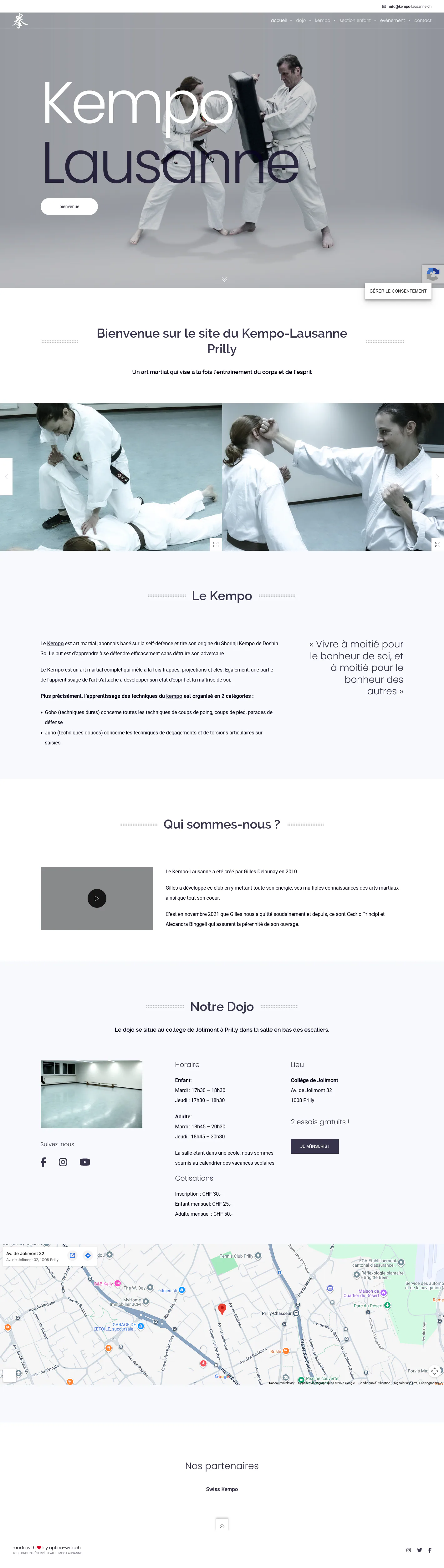 Accueil du site Kempo Lausanne illustré par un entraînement à deux.