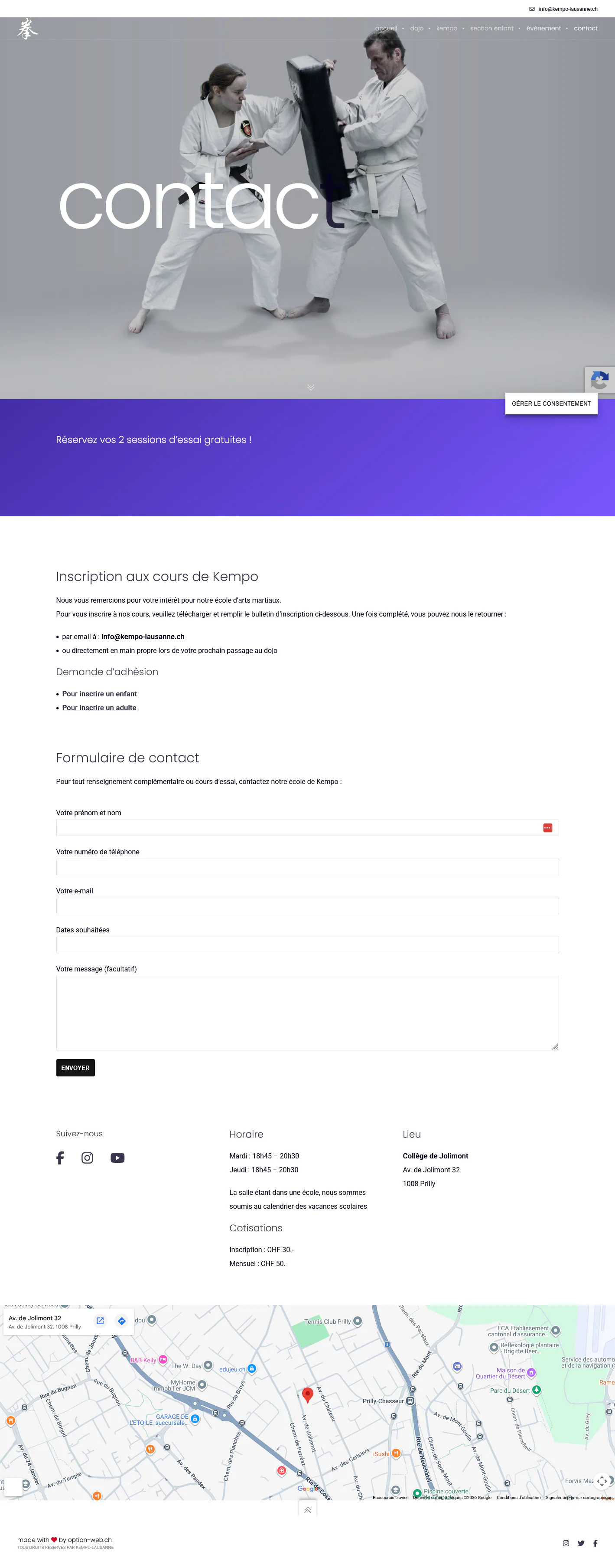 Page de contact de Kempo Lausanne proposant des séances d’essai.