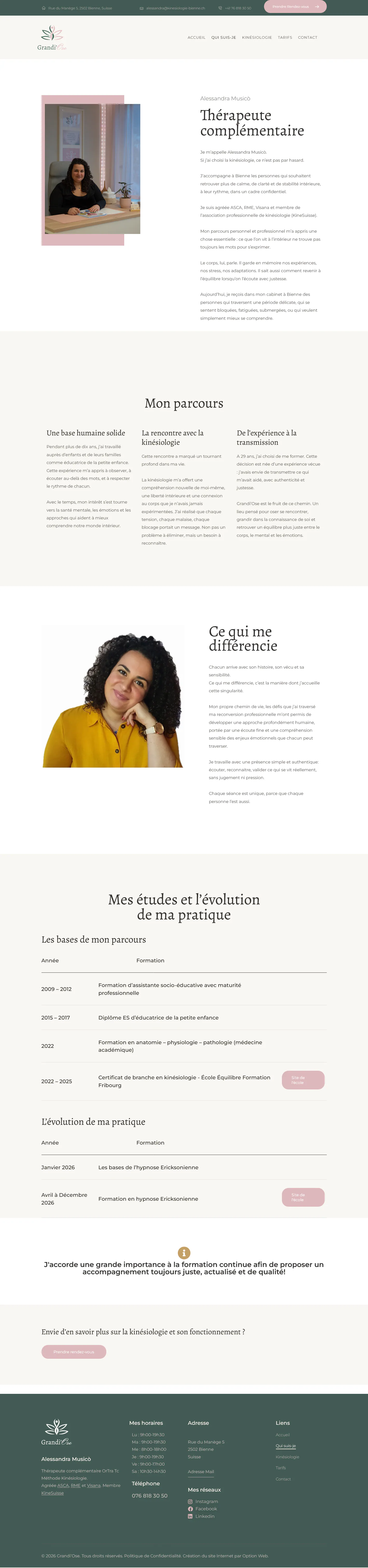 Présentation de la thérapeute Alessandra Musico sur le site Grand’Ose à Bienne.