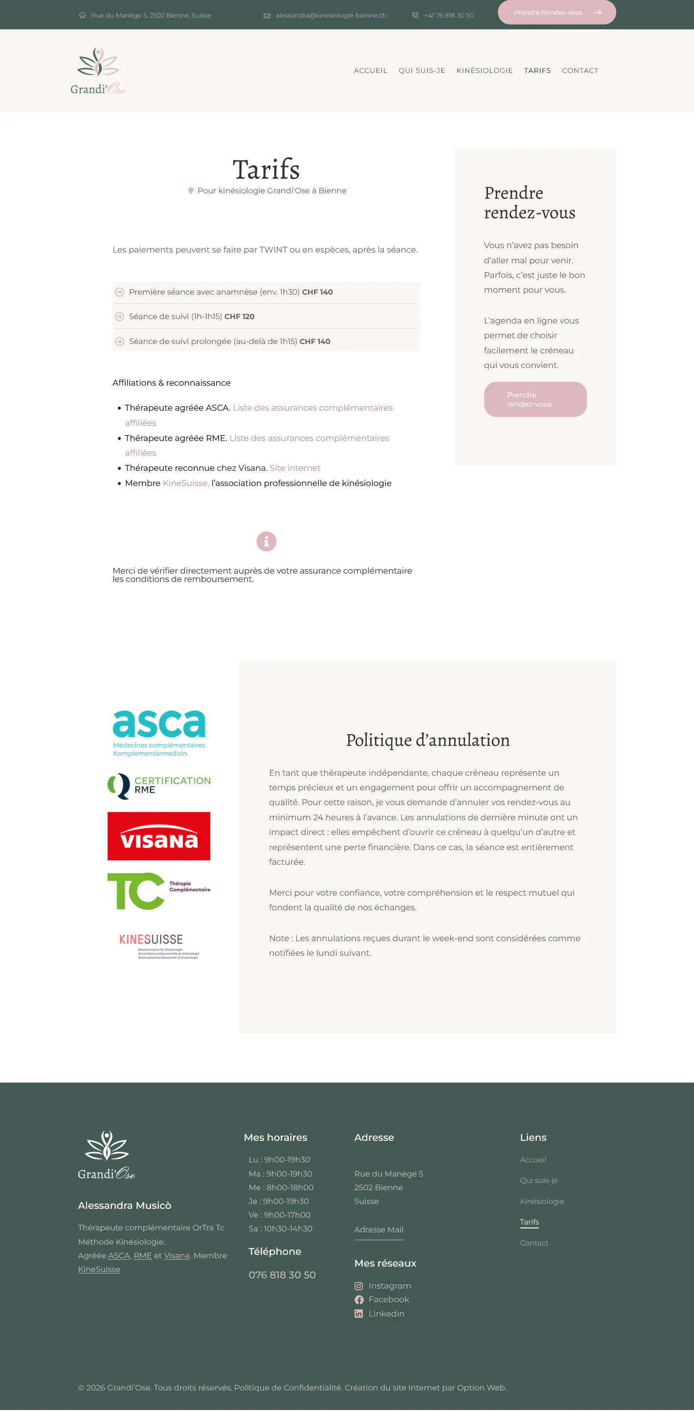 Tarifs des séances et accès à la prise de rendez-vous du cabinet Grand’Ose.