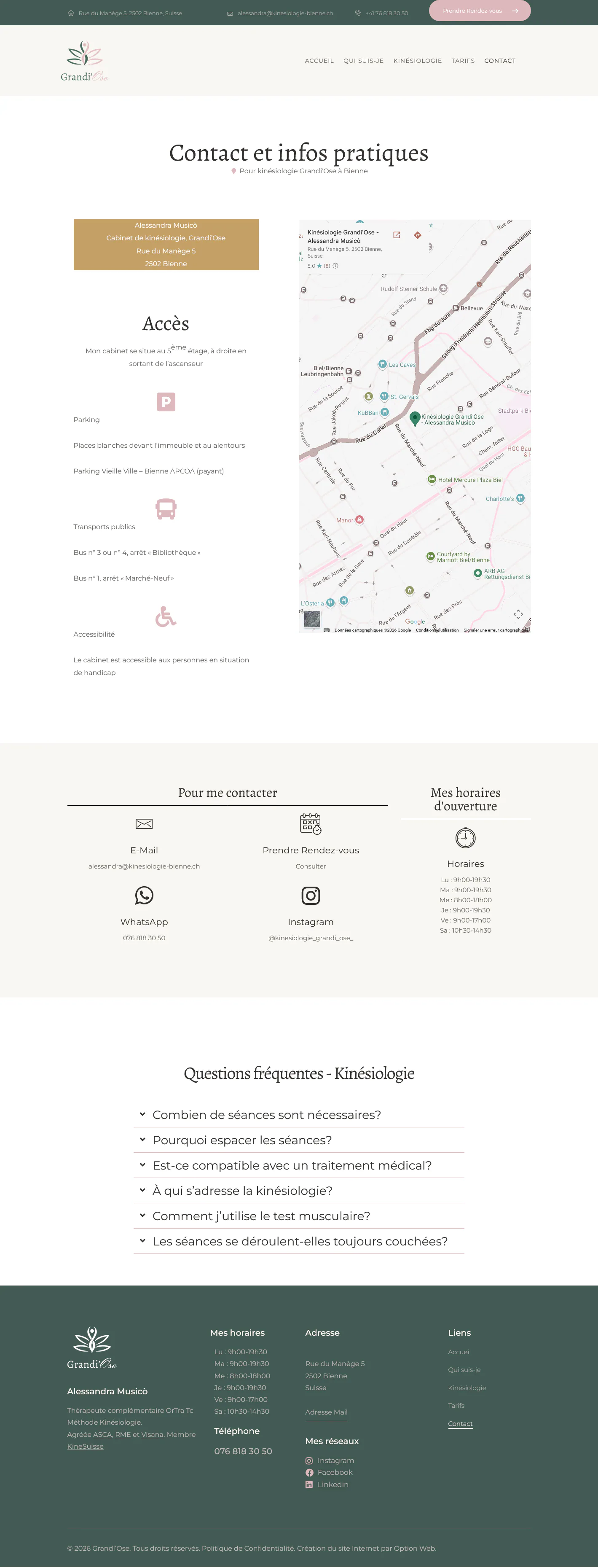 Coordonnées, informations d’accès et carte du cabinet Grand’Ose à Bienne.