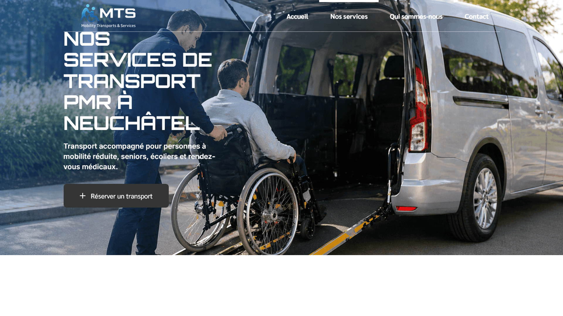 Accueil du site MTS Mobility : transport adapté et accompagnement d’une personne en fauteuil roulant.