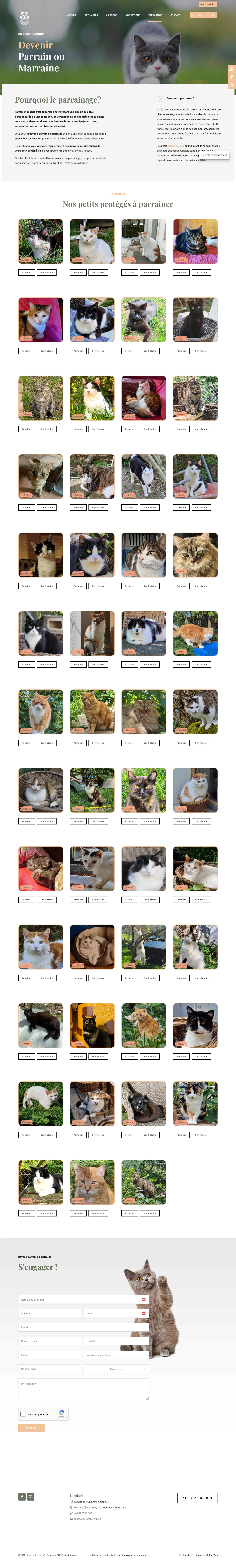 Page expliquant le parrainage d’un chat auprès de la Fondation SOS Chats Noiraigue.