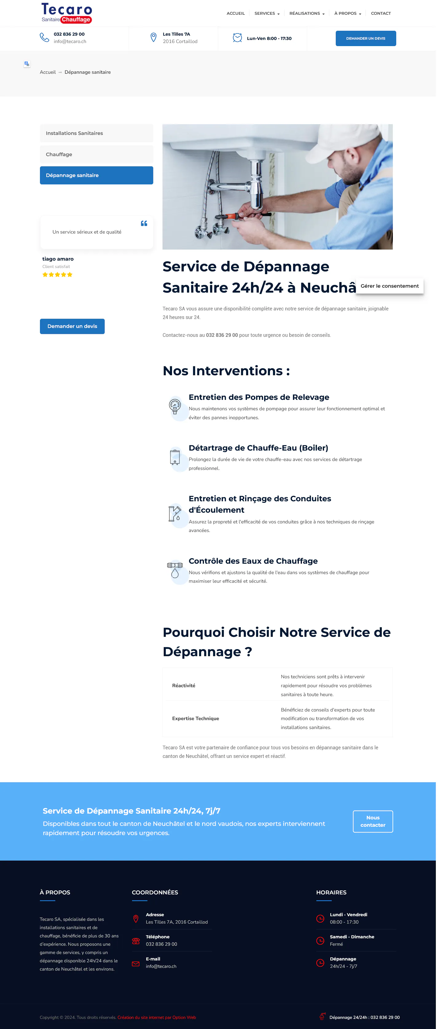 Page Tecaro consacrée au dépannage sanitaire, illustrée par une intervention sous un lavabo.